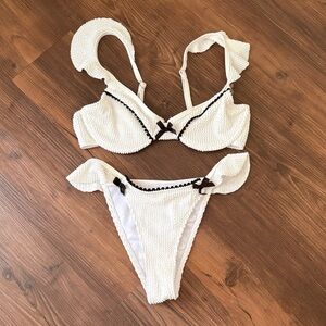 SHEIN White Textured Ruffle Bikini Set with Black Trim